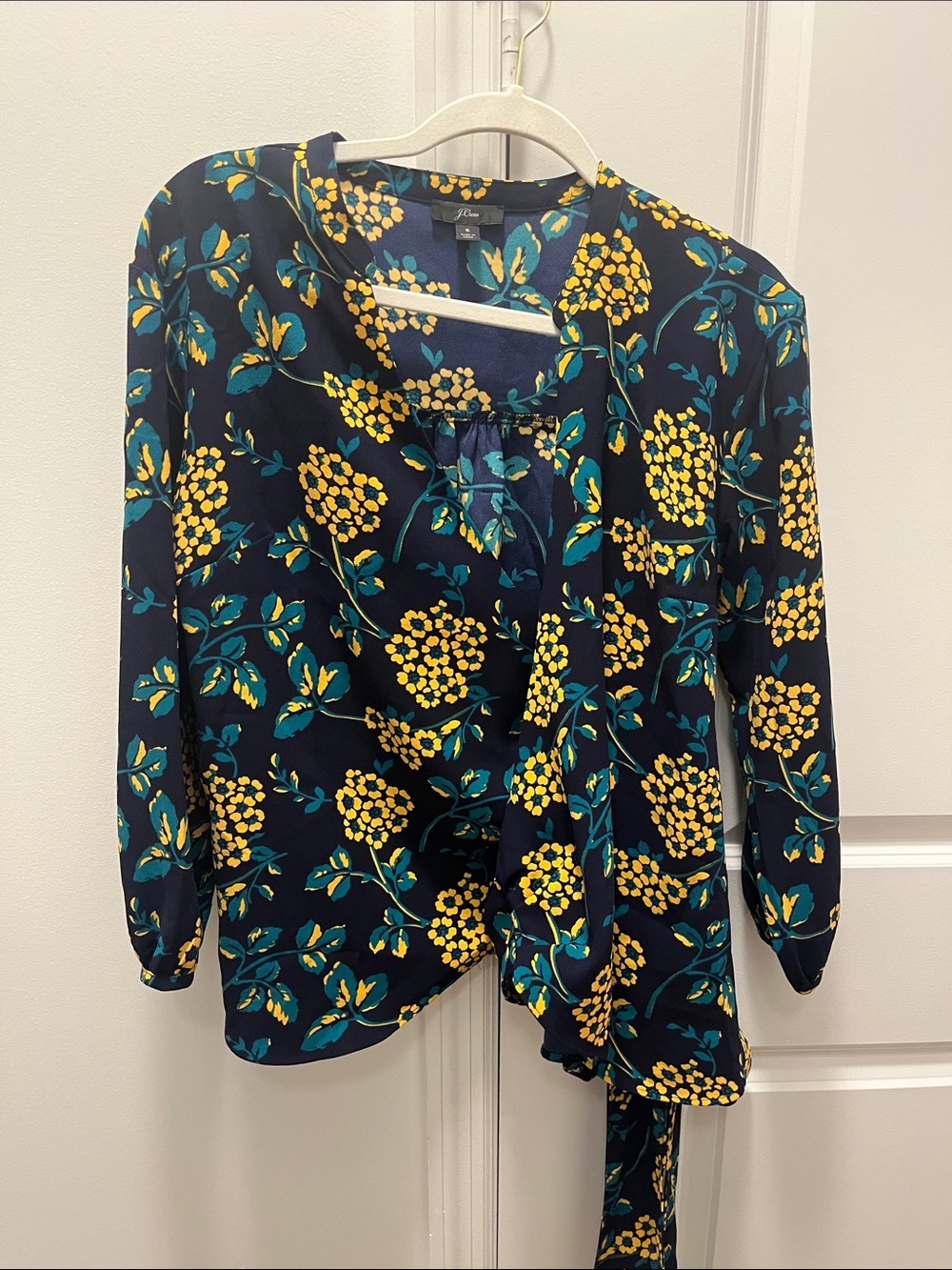 J. Crew Navy Floral Tie-Neck Blouse with Yellow Blooms